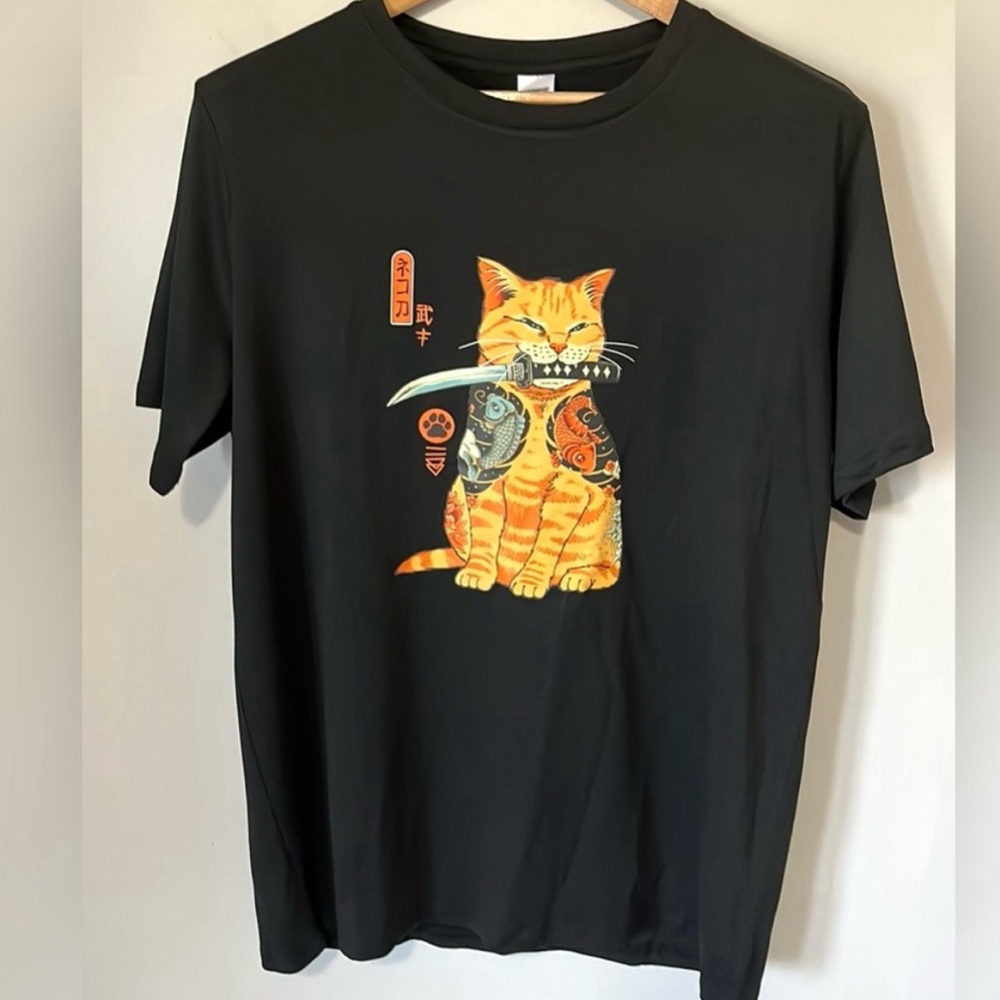 Samurai Tabby Cat Knife Koi Fish Black Graphic Men's Short Sleeve Tee Unisex Med - Picture 1 of 8